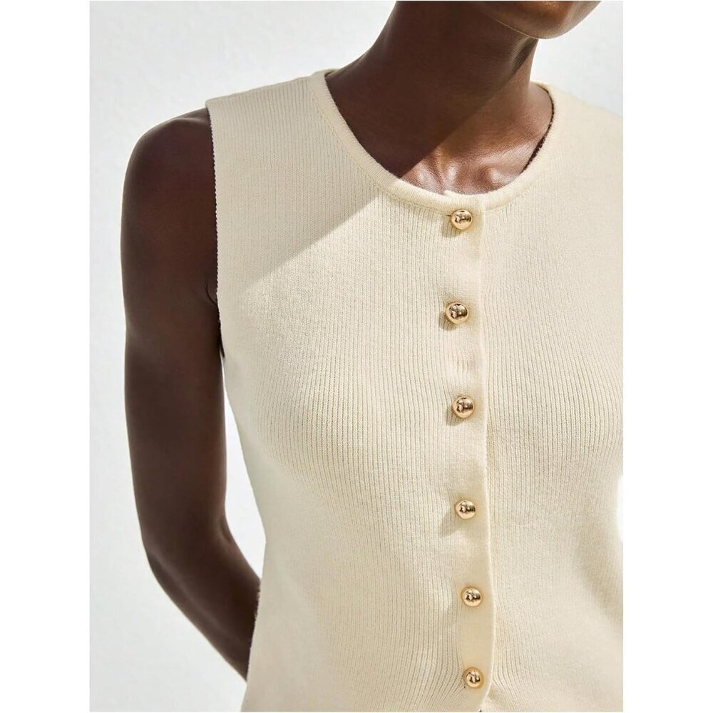 Women's Knit Vest Top Sleeveless Button Down Vintage Old Money Style - Picture 4 of 5